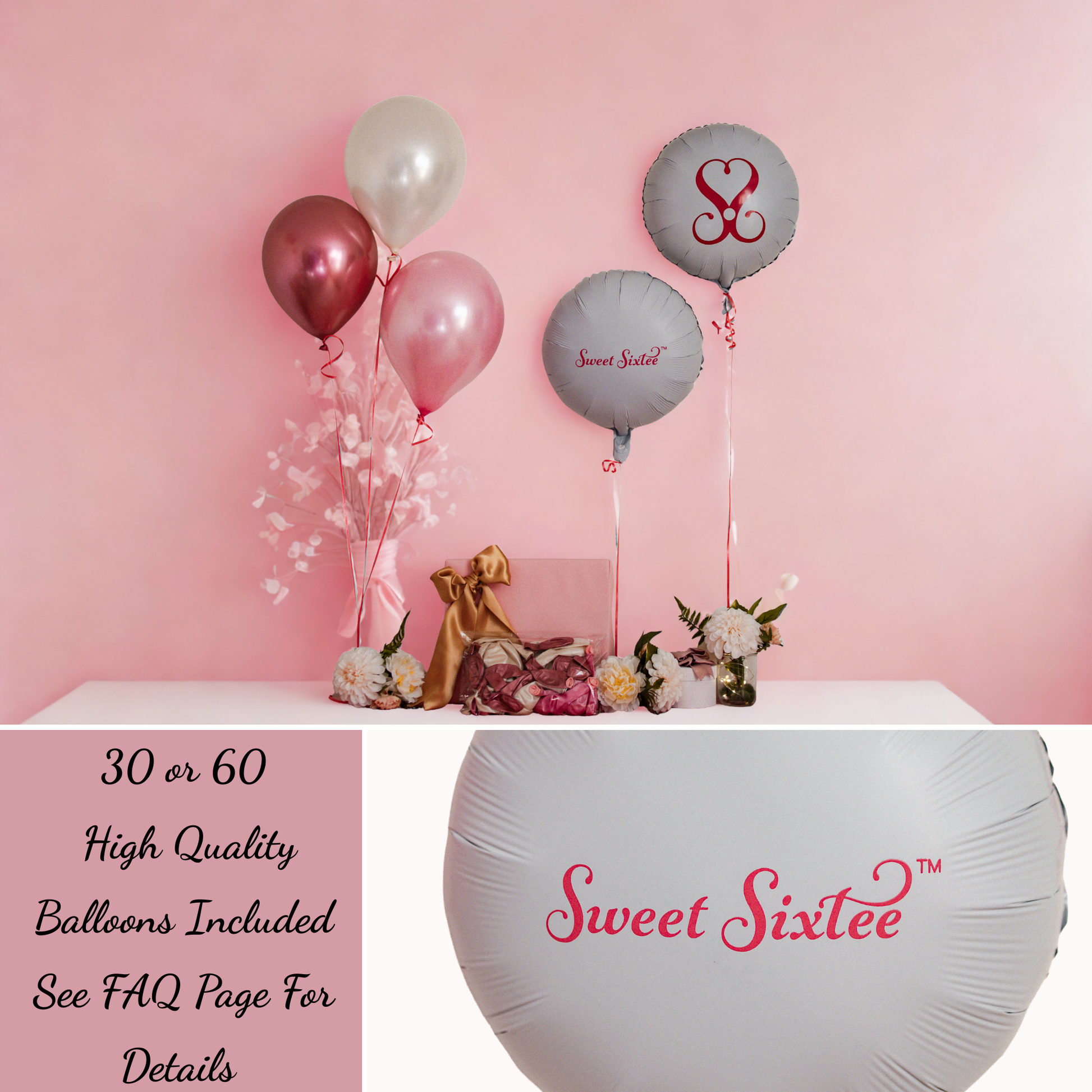 Sweet Sixtee decor set up and ready for her 60th birthday party, balloon bouquet, sweet sixtee balloon, sweet 60, sweet sixty