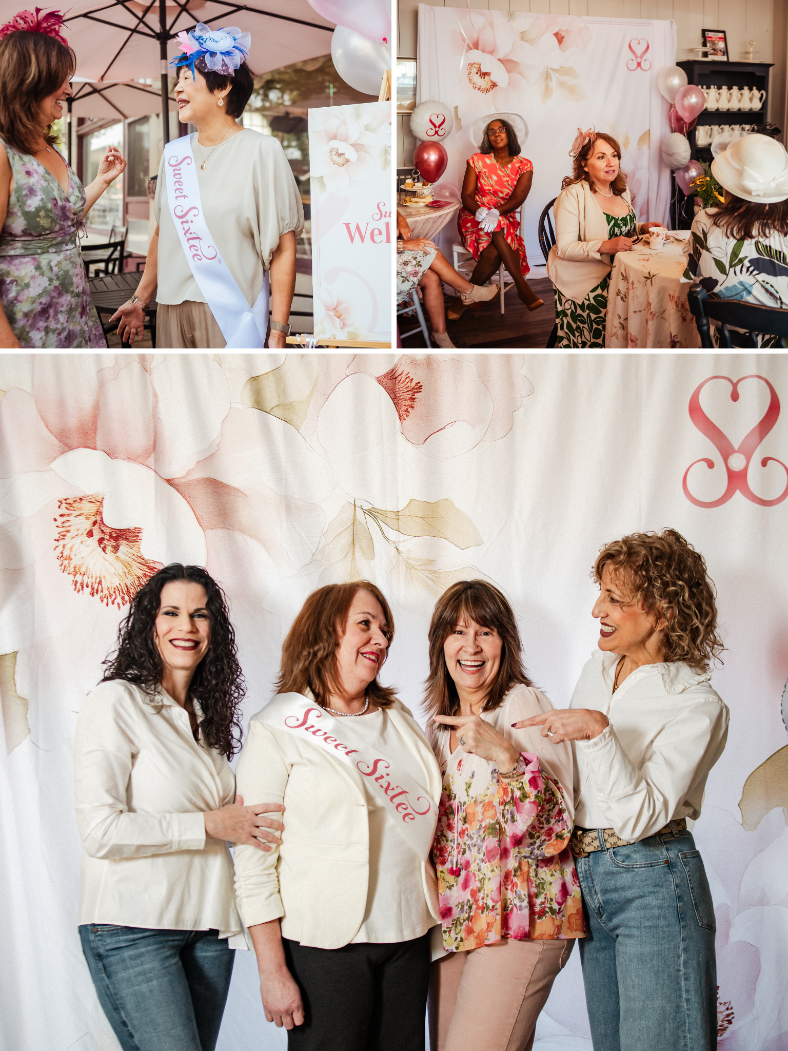 beautiful women celebrating her turning 60, sweet sixtee, themed birthday party, 60th birthday party decorations