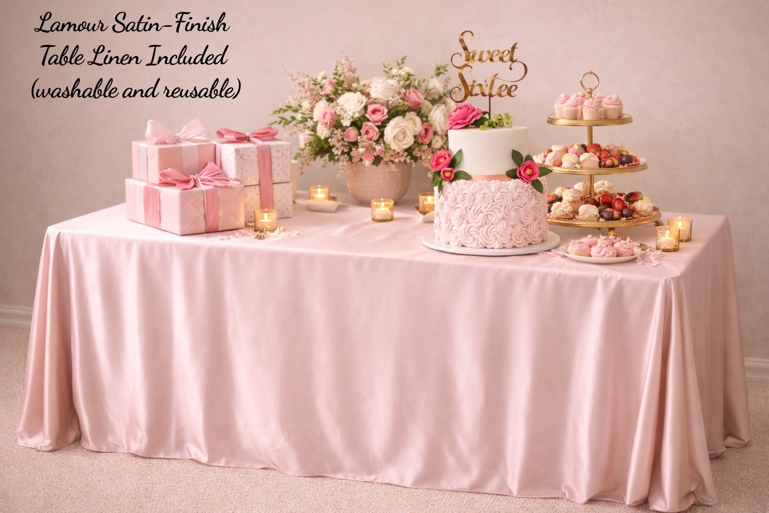 sweet sixtee tablecloth is a beautiful reusable keepsake item, photo of sweet sixtee party set up , modern sixtieth birthday party