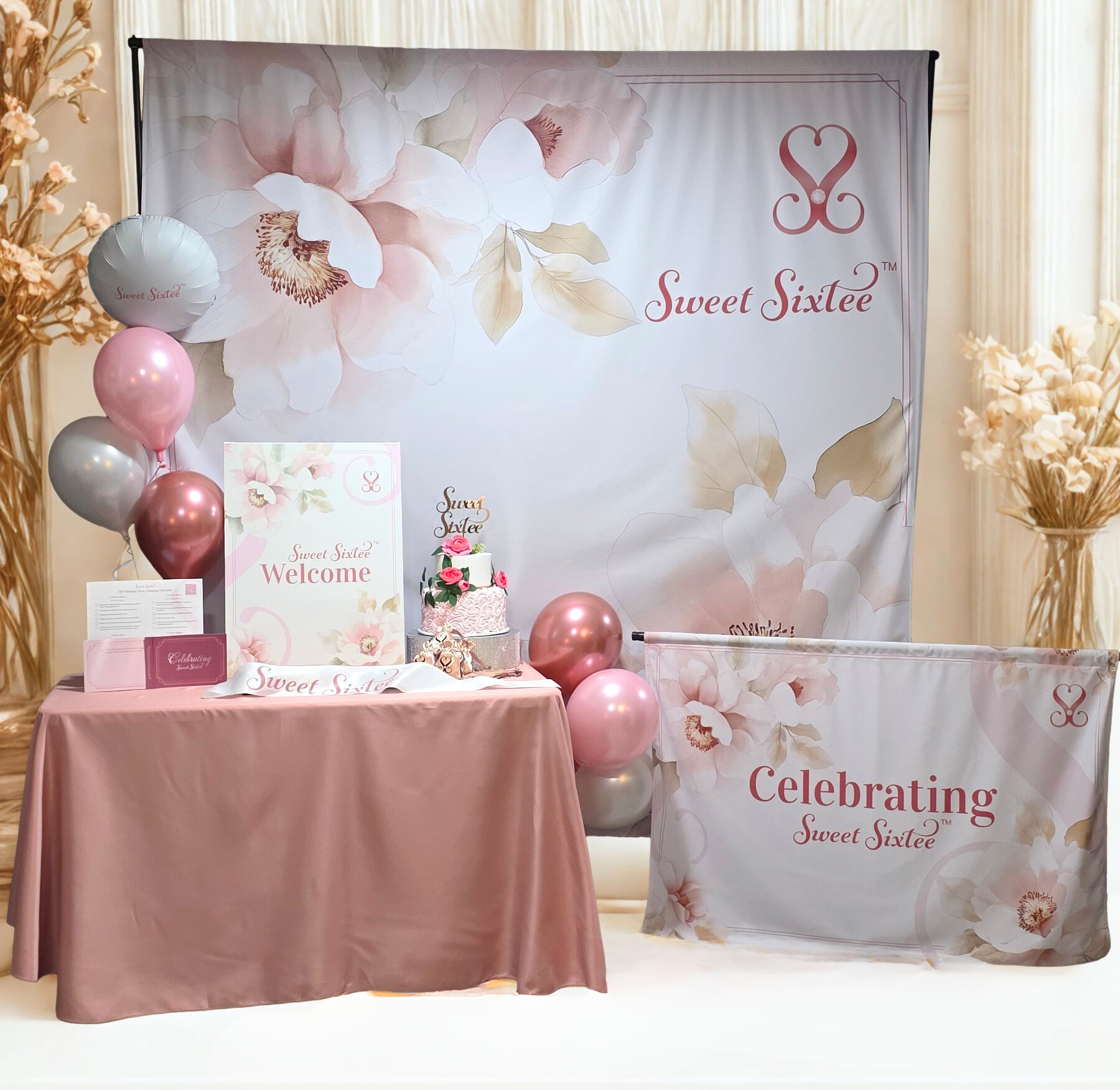 60th birthday party themed decor set time to bloom, SweetSixtee, a luxury 60th birthday decor brand helping women celebrate turning sixty beautifully