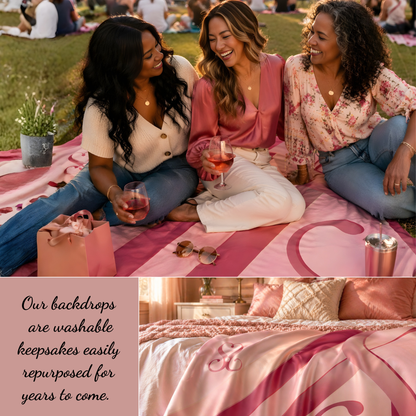Three women enjoying a repurposed keepsake photo backdrop from Sweet Sixtee. 